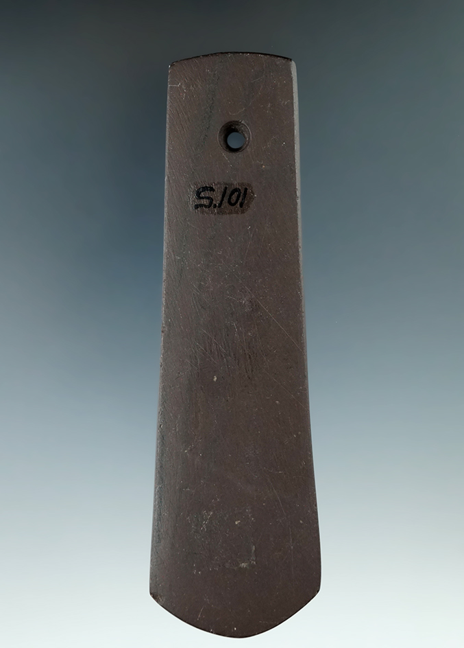 5" Hopewell Bell Pendant made from red and black Banded Slate, found in Seneca Co., Ohio. Pictured