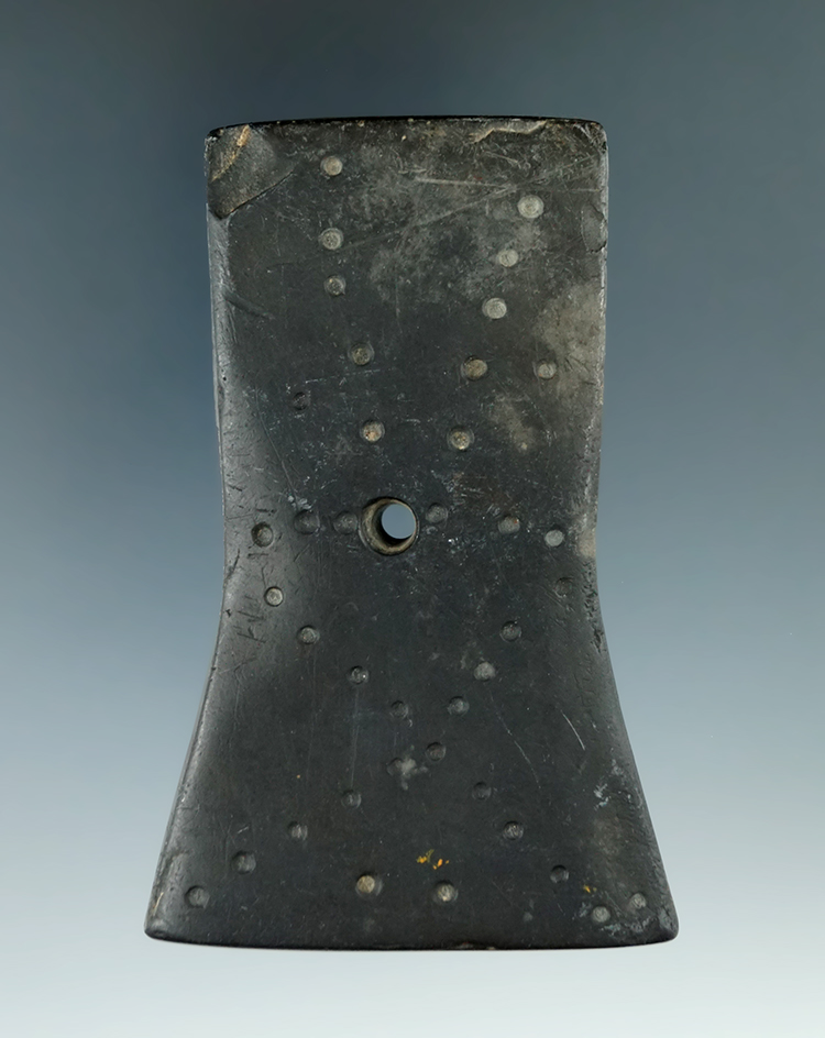 3 9/16" Adena Bell Pendant that is tallied, found in Tuscarawas Co., Ohio. Ex. August Wehrle (#1081W