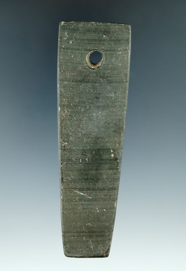 4 1/4" Elongated Pendant made from green and black Banded Slate, found in Lucas Co., Ohio. Ex. Moore