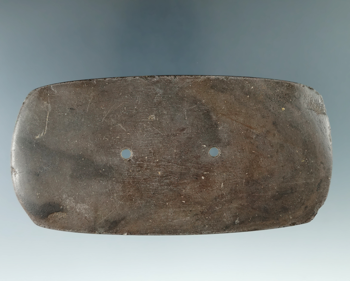 4 3/4" Hopewell Rectangular Gorget made from red and black Mottled Slate. Found in Knox Co., Ohio.