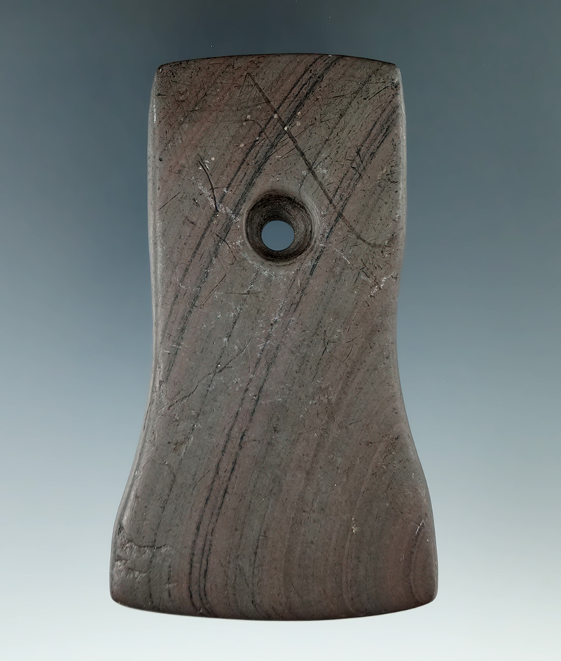 4" Adena Bell Pendant made from red and black Banded Slate, found in Warren Co., Ohio. Ex. Clyde The