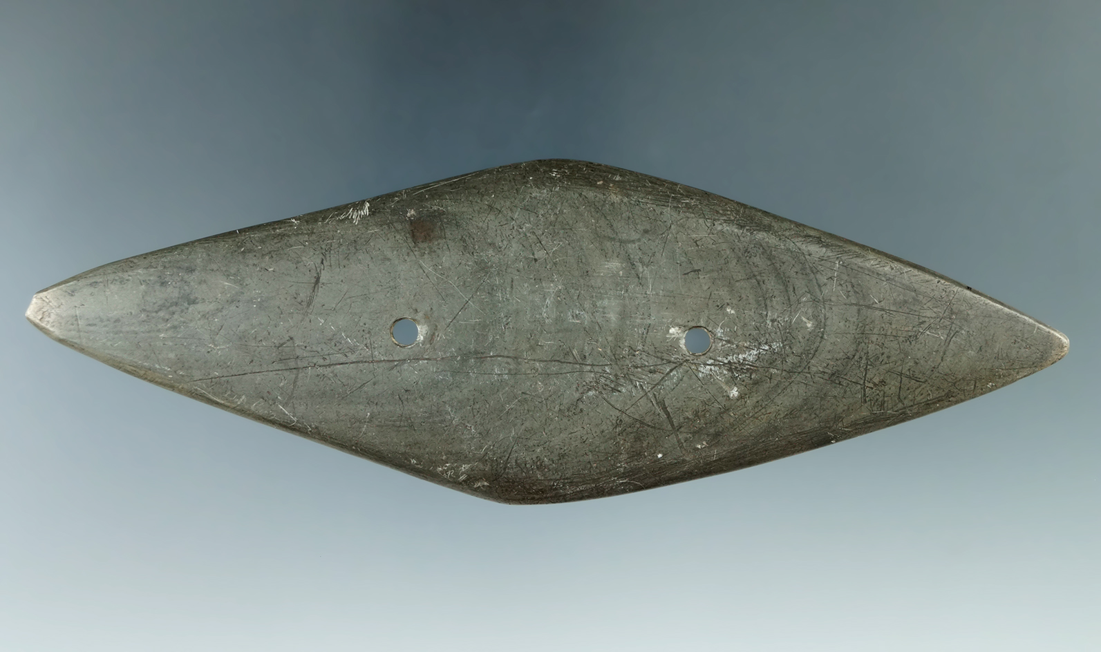 5 3/4" Glacial Kame Bi-Pointed Gorget made from green and black Banded Slate, found in Stark Co., Oh