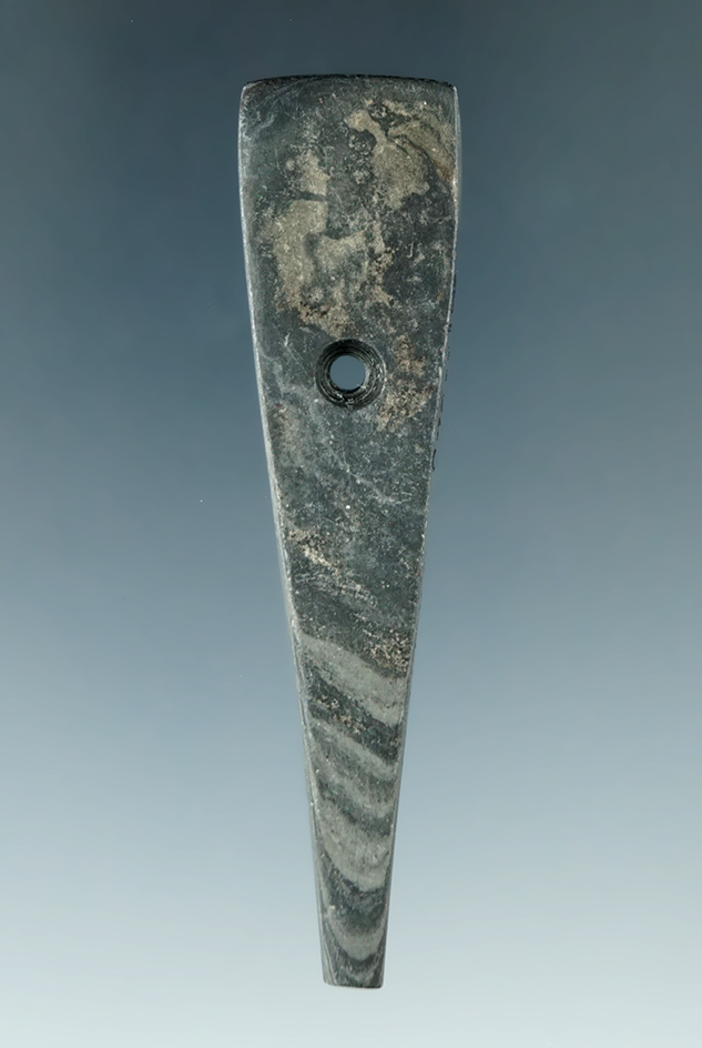 Miniature 3" Mississippian Pendant made from green and black Banded Slate, found in Darke Co., Ohio.