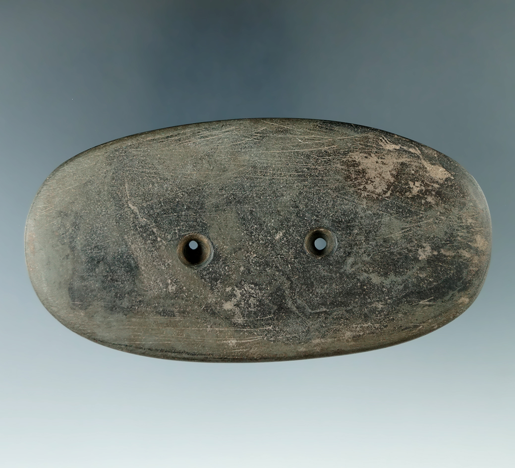 4 13/16" Glacial Kame Oval Gorget made from green and black Banded Slate, found in Brown Co., Ohio.