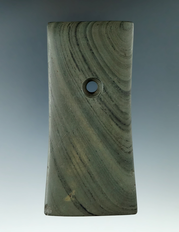 4 1/4" Adena Bi-Concave Pendant made from green and black Banded Slate. Found in Summit Co., Ohio.