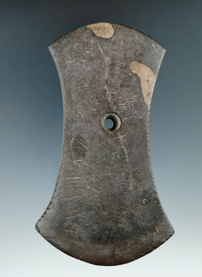 4 11/16" Adena Bi-Concave Pendant that is tallied and made from red and black Banded Slate, found in