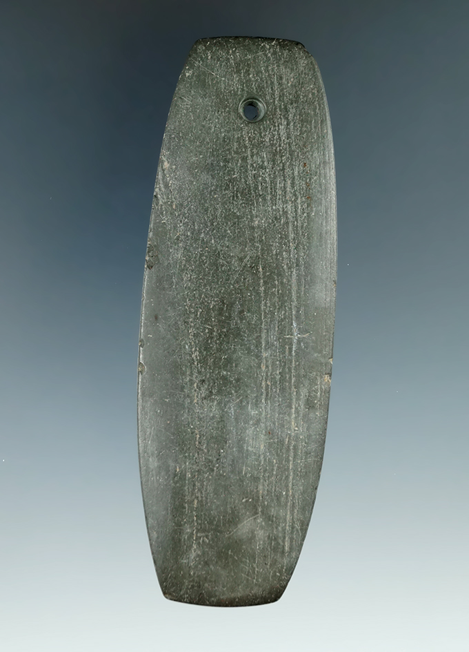 4 3/16" Hopewell Pendant made from green Slate, found in Licking Co., Ohio. Ex. Cameron, James Wrigh