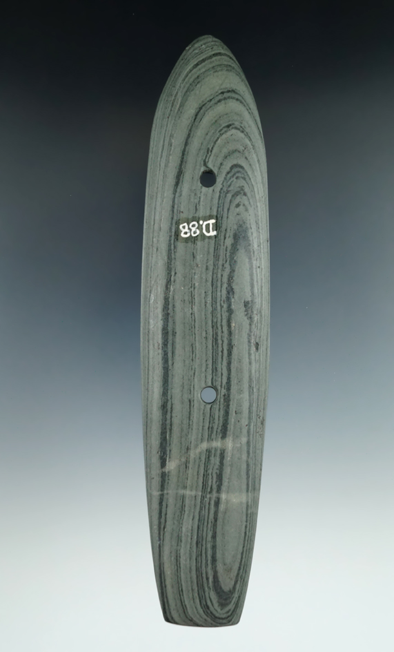 7 11/16" Glacial Kame Gorget found in Delaware Co., Ohio. Pictured in Prehistoric American Volume 27