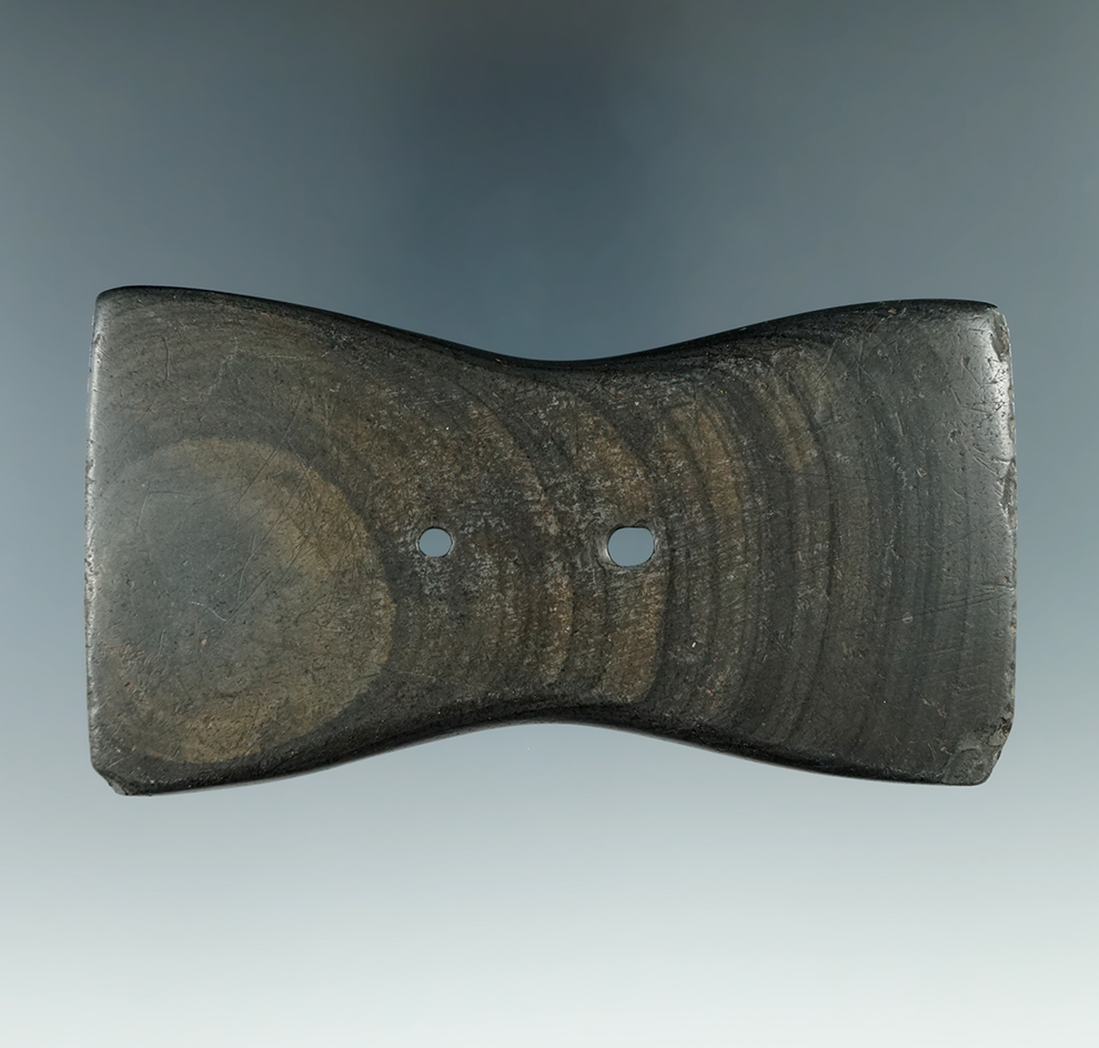 4 1/16" Adena Bi-Concave Gorget made from Banded Slate, found in Delaware Co., Ohio. Pictured