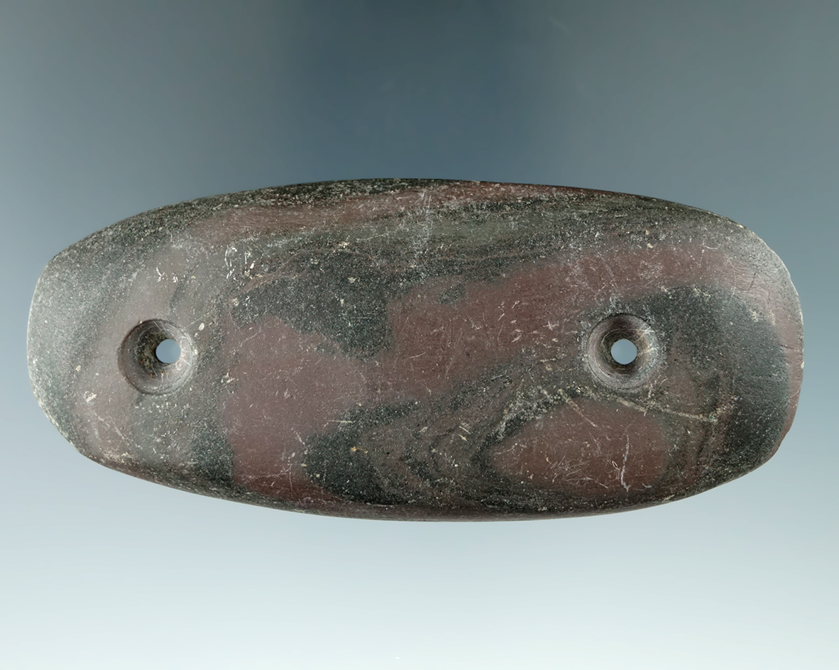 3 11/16" Glacial Kame Bar Gorget made from red and black Mottled Slate, found in Pickaway Co., Ohio.