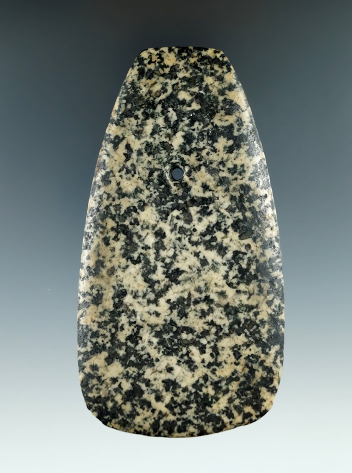 4 1/8" Intrusive Mound Trapezoidal Pendant made from black and tan Granite, found in Lucas Co., Ohio