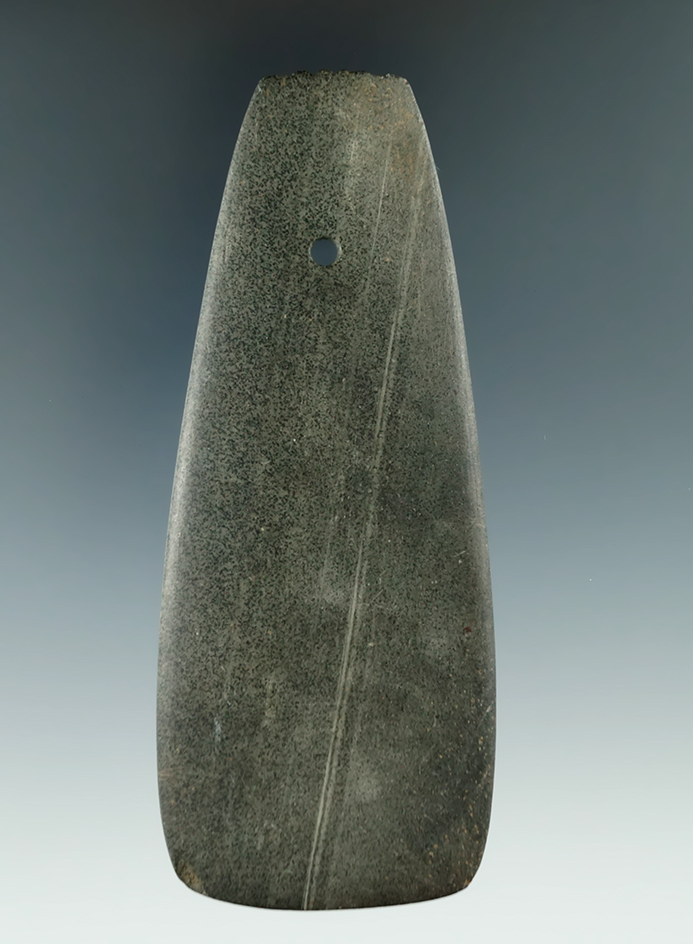 4 1/4" Hopewell Fringed Trapezoidal Pendant made from Banded Slate, found in Fairfield Co., Ohio.