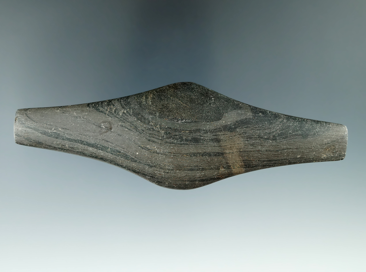 5" Undrilled Hopewell Expanded Center Gorget made from green and black Banded Slate, found in Ohio.