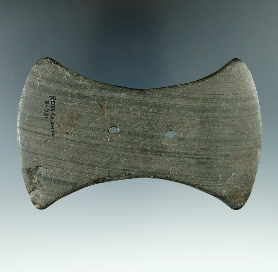 4 1/16" Adena Bi-Concave Gorget made from green and black Banded Slate, found in Ross Co., Ohio.
