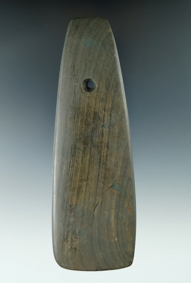 5 1/2" Woodland Trapezoidal Pendant found in Richland Co., Ohio. Pictured in Prehistoric American.