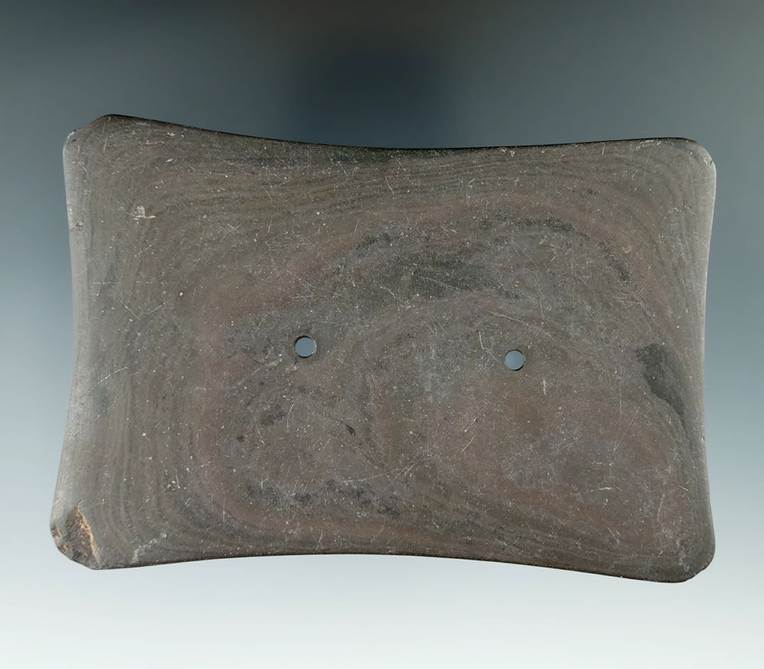 4 9/16" Adena Quadriconcave Gorget made from red and black Banded Slate, found in Clinton Co., Ohio