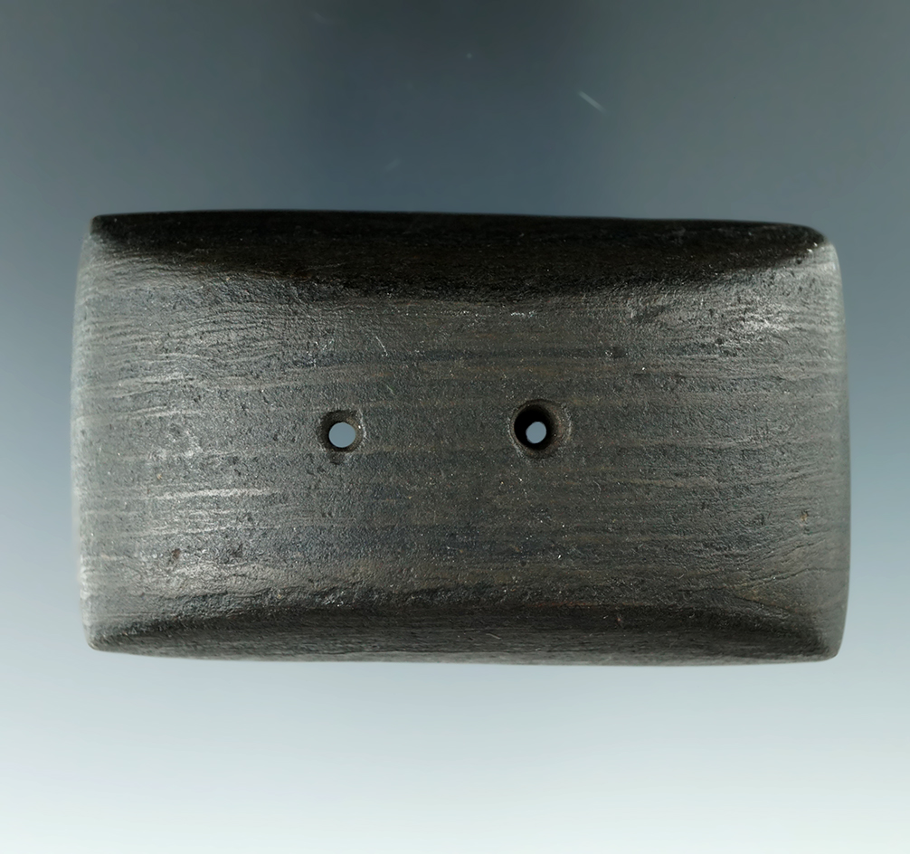 3 1/4" Adena Semi-Keeled Gorget made from black and brown Banded Slate, found in Butler Co., Ohio.