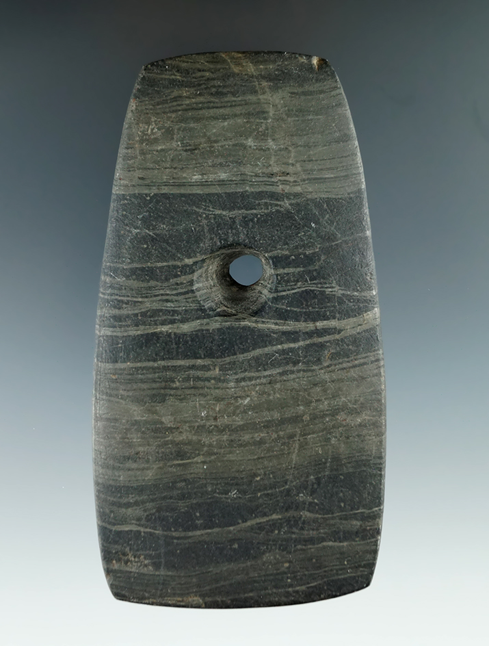 4 1/4" Adena Trapezoidal Pendant made from green and black Banded Slate. Ex. Dave Collins, Lynn Broo