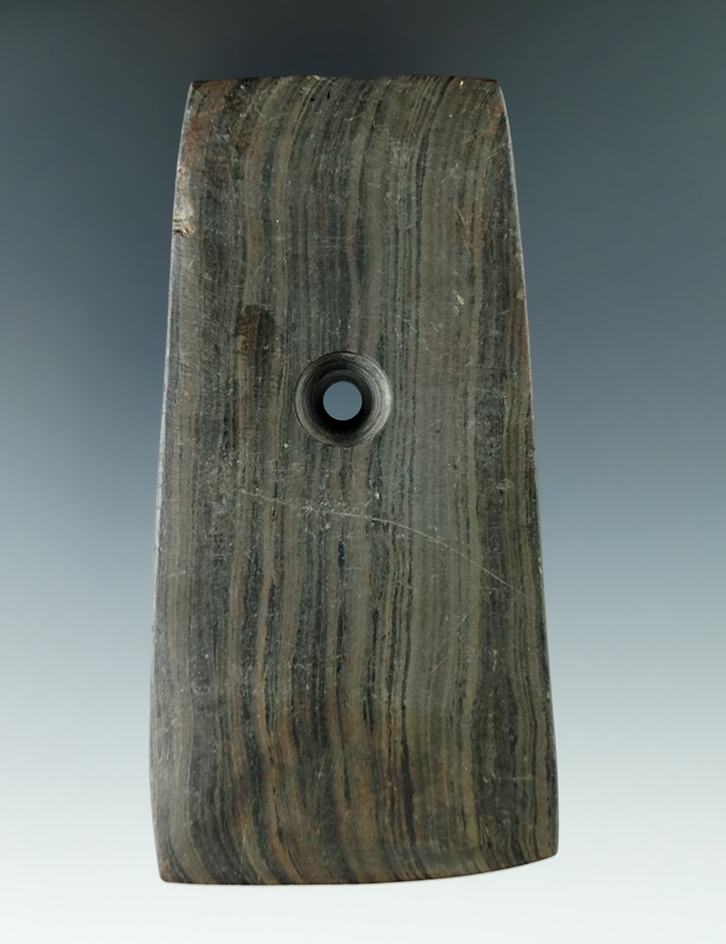 4" Adena Trapezoidal Pendant made from green and black Banded Slate, found in Richland Co., Ohio.