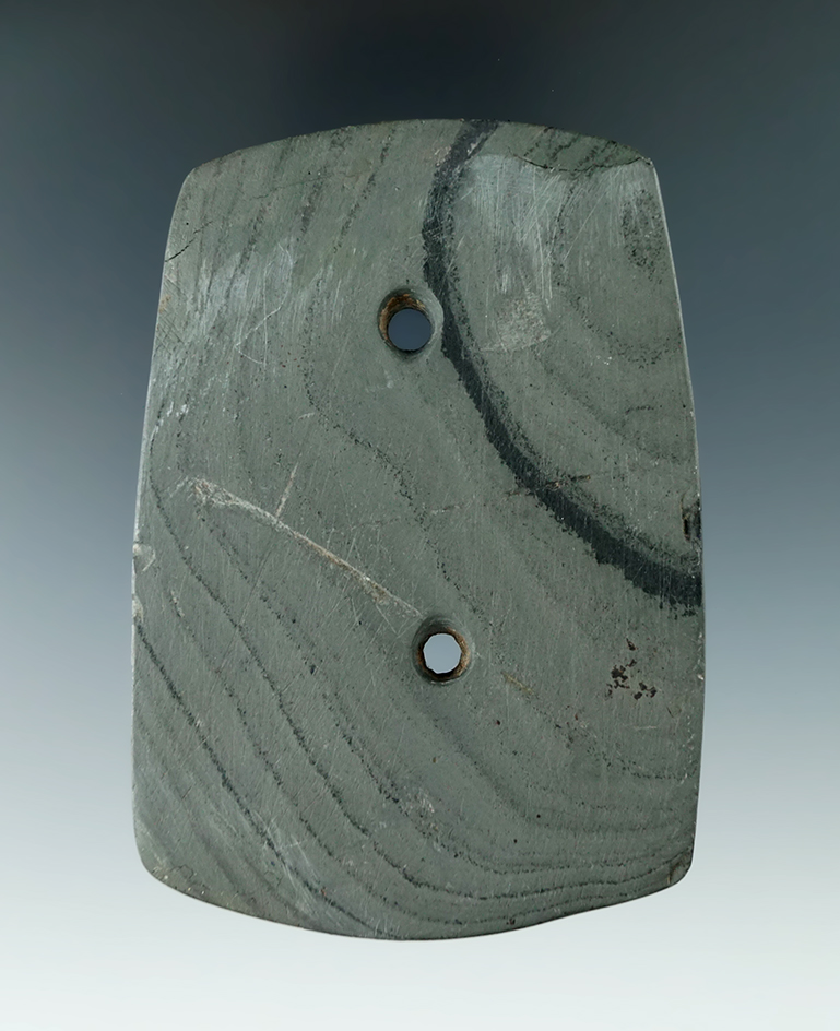 3 5/8" Glacial Kame Gorget, two edges have been restored (see sketch). Found in 1980 in  Wood Co., O