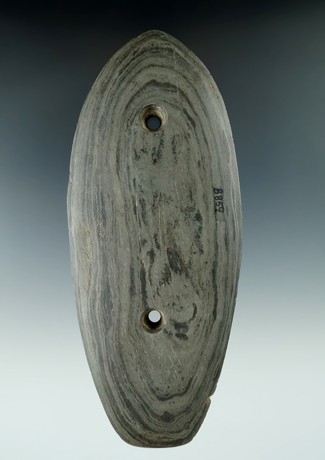 6 7/16" Glacial Kame Sandal Sole Gorget made from Mottled Banded Slate, found in Sandusky Co., Ohio.