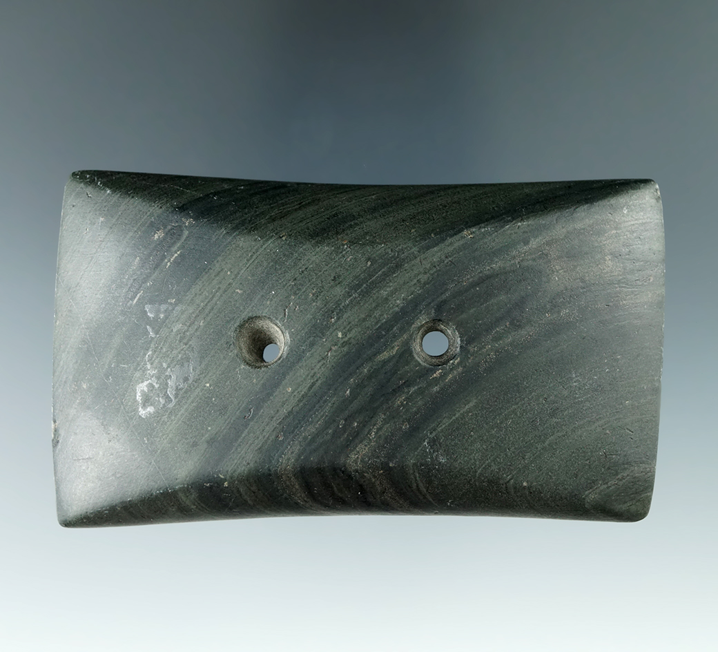 3 1/2" Adena Semi-Keeled Gorget found in Auglaize Co., Ohio. Pictured in Who's Who #10, page 363.