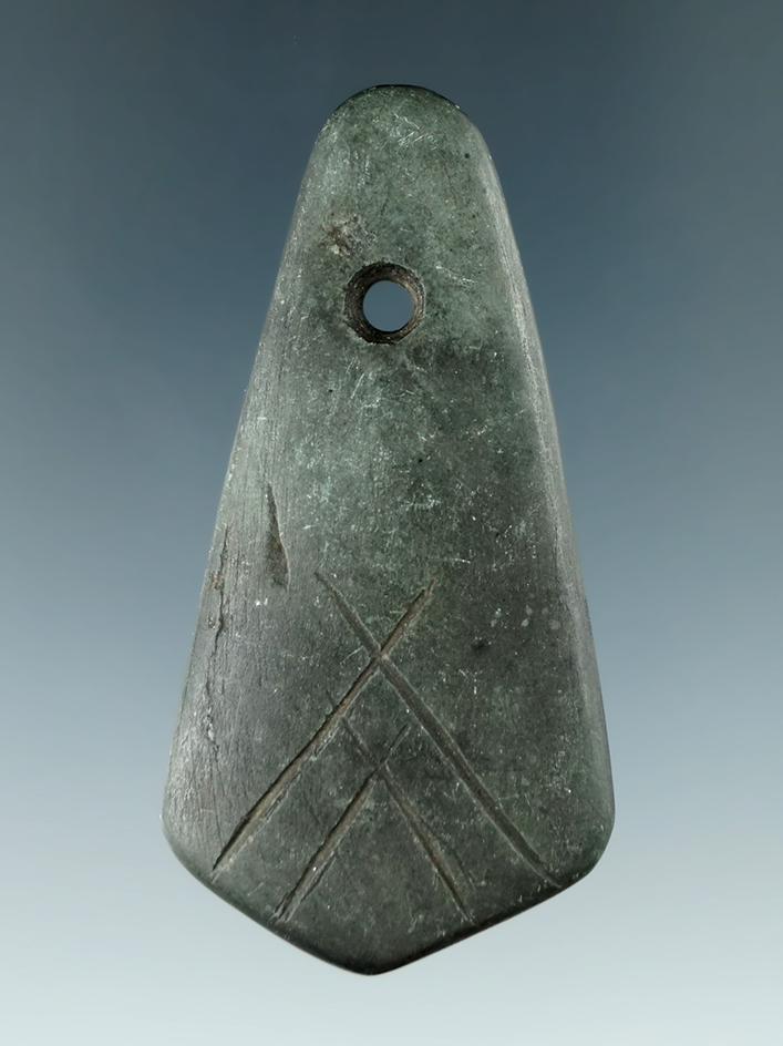 Miniature 2 7/16" Engraved Mississippian Pendant made from green Slate.