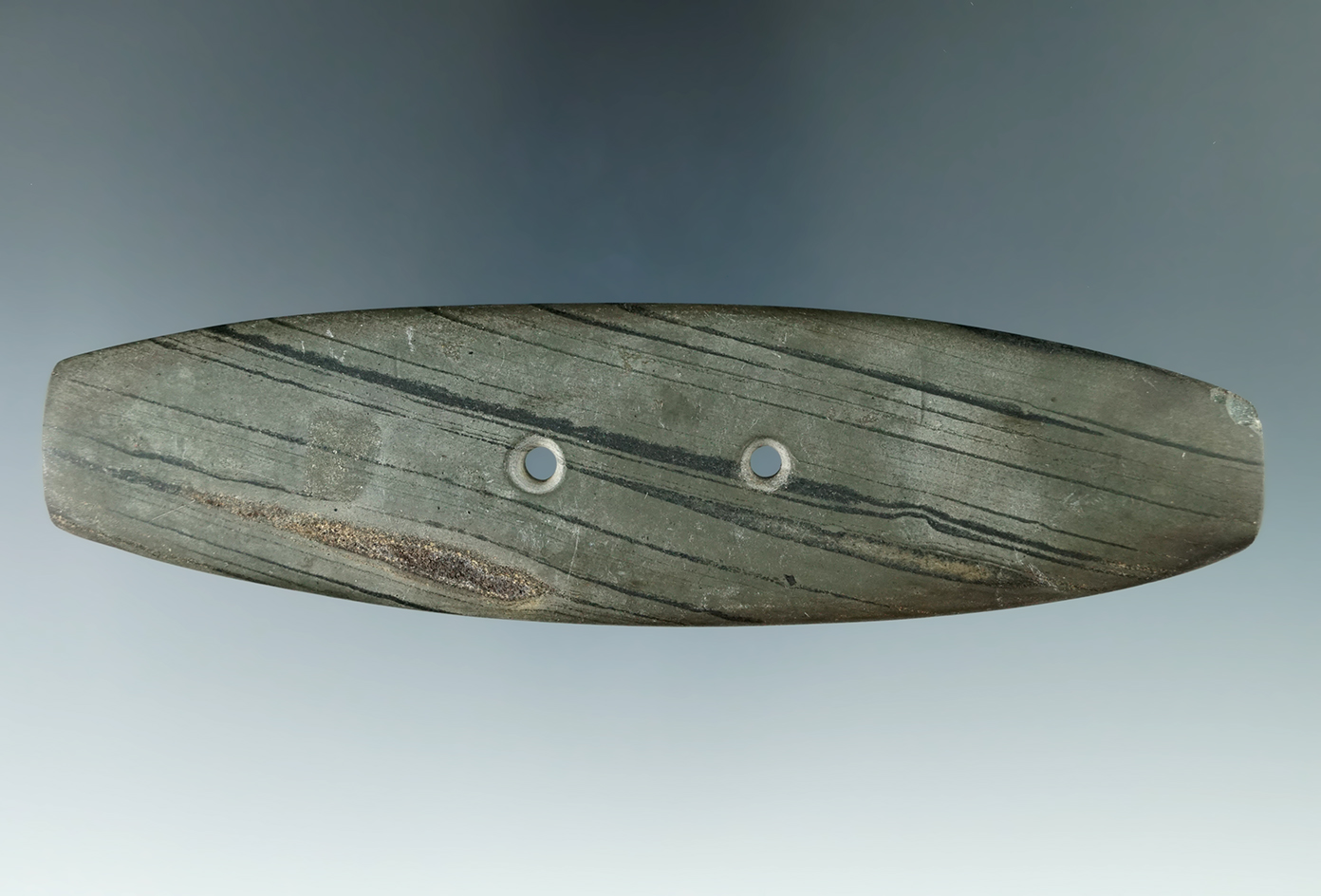 5 1/16" Hopewell Elliptical Pendant made from green and black Banded Slate found in Warren Co., Ohio