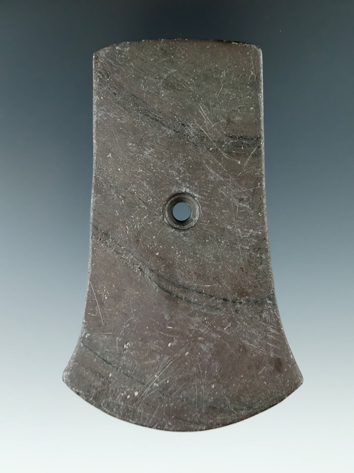 3 3/4" Hopewell Pendant made from red and black Banded Slate, found in Madison Twp., Lake Co., Ohio.