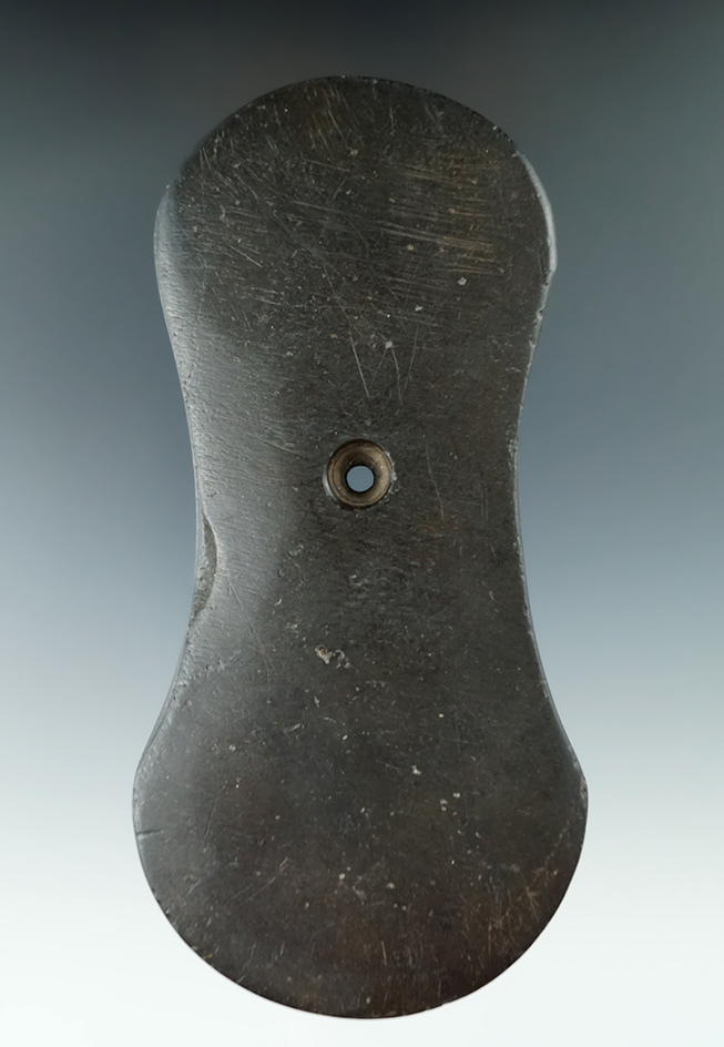 5 5/16" Adena Bi-Concave Pendant made from Slate, found in Hardin Co., Ohio. Ex. Jake Smith Collecti