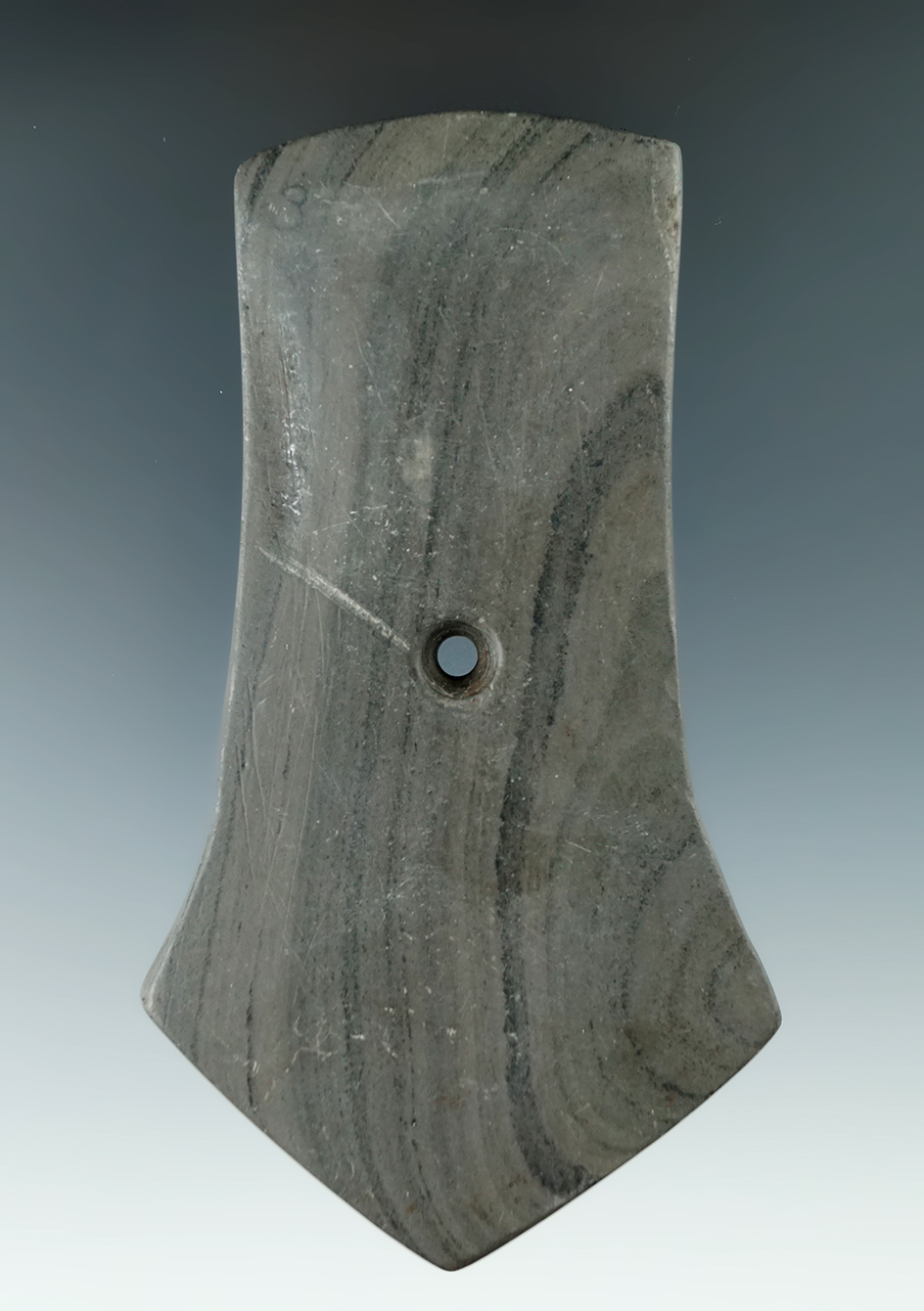 4 3/8" Hopewell Pentagonal Pendant made from green and black Banded Slate, found in Defiance, Ohio.