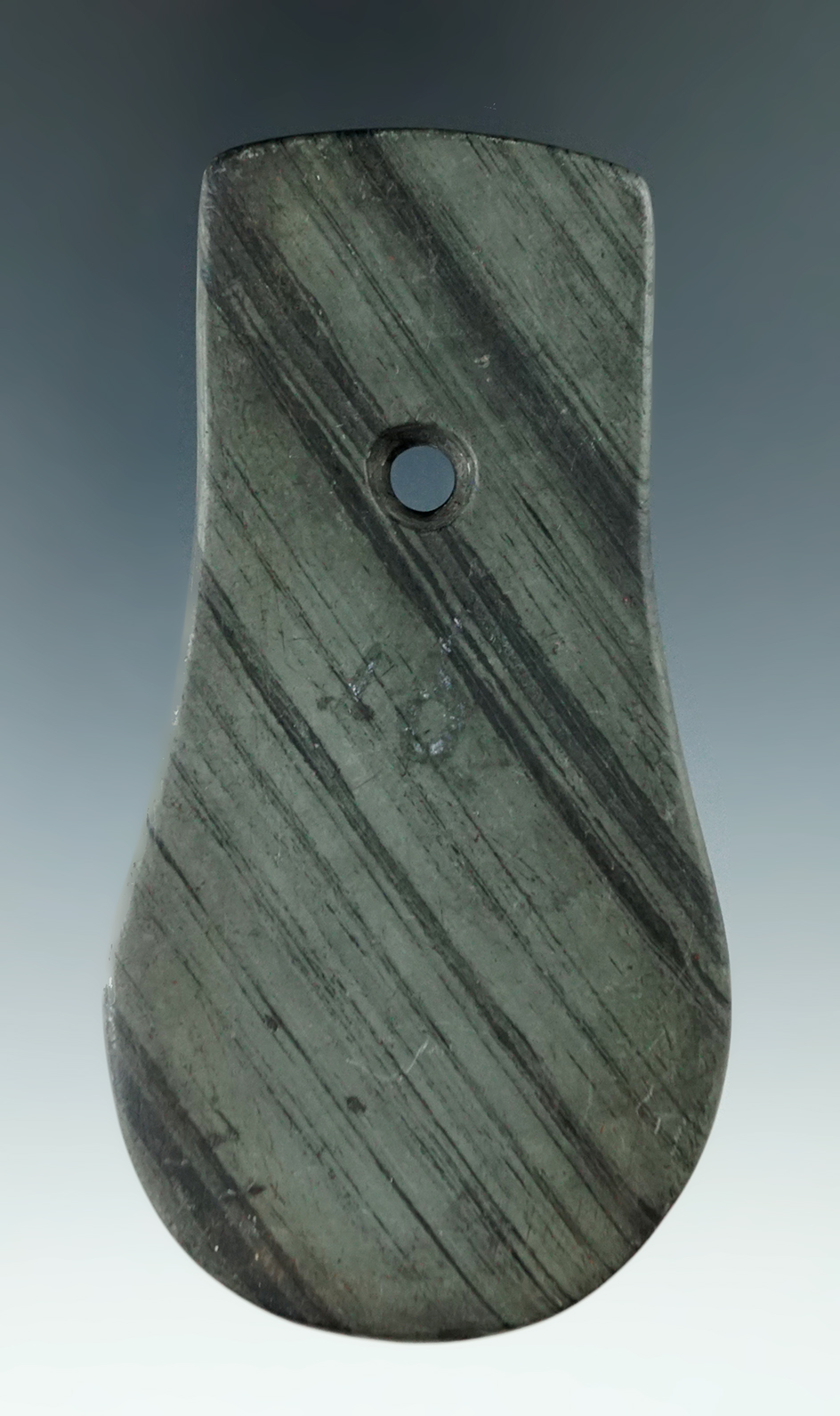 3 15/16" Adena Keyhole Pendant made from green and black Banded Slate.
