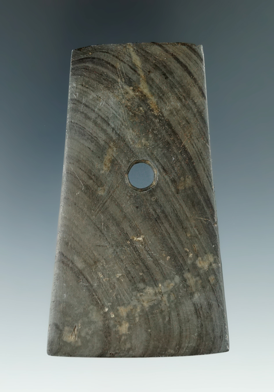 3 1/4" Adena Trapezoidal Pendant made from green and black Banded Slate, found in Wyandot Co., Ohio.