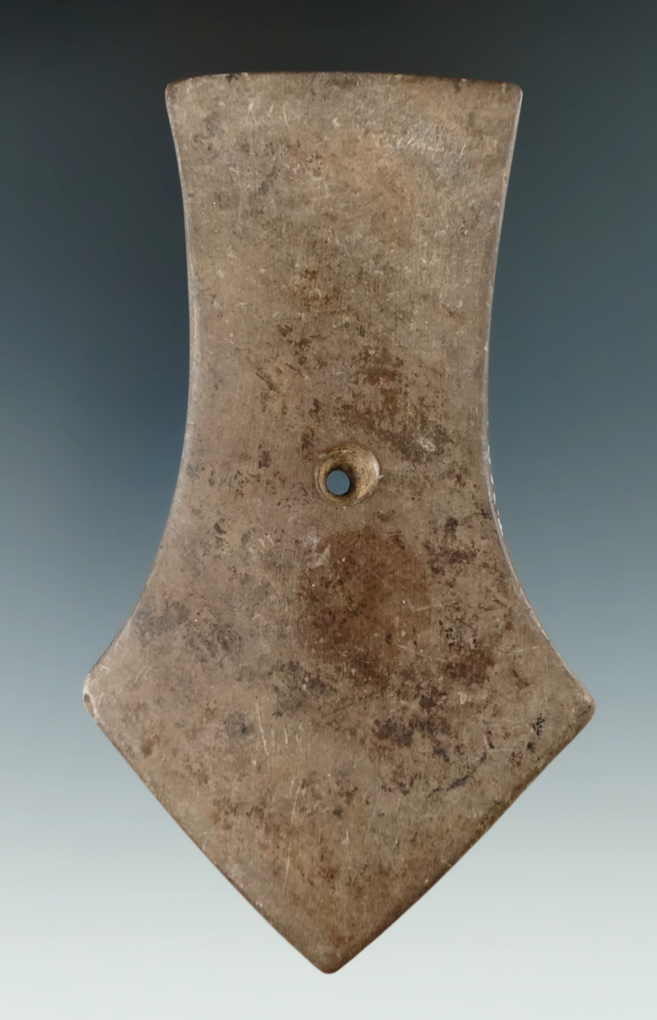 4 1/2" Hopewell Pentagonal Pendant  with a restored upper corner.  Found in Medina Co., Ohio, Hinkle