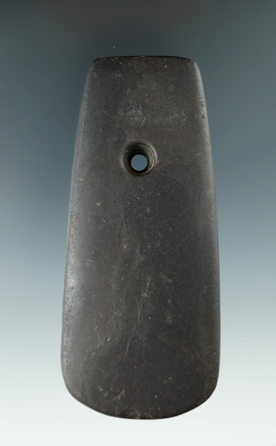 4 1/8" Adena Pendant found in the vicinity of Sunbury, Delaware Co., Ohio. Ex. Jim Hawks Collection.