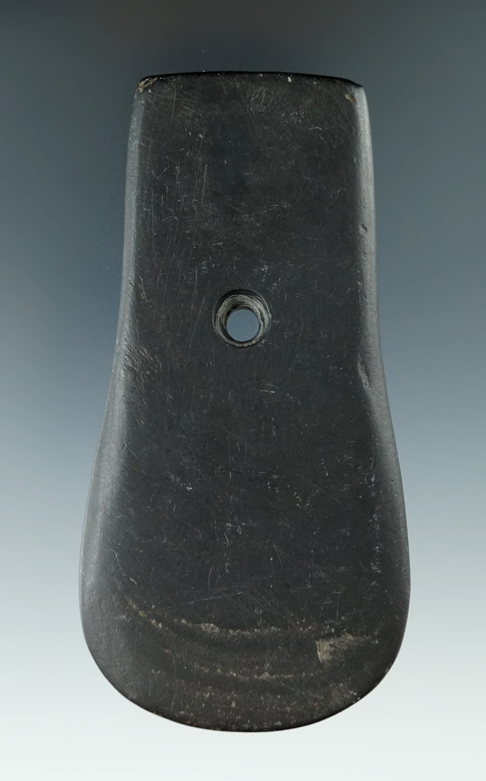 4 3/16" Adena Keyhole Pendant made from black Slate, found in Athens Co., Ohio. Ex. Tony Busch (#203
