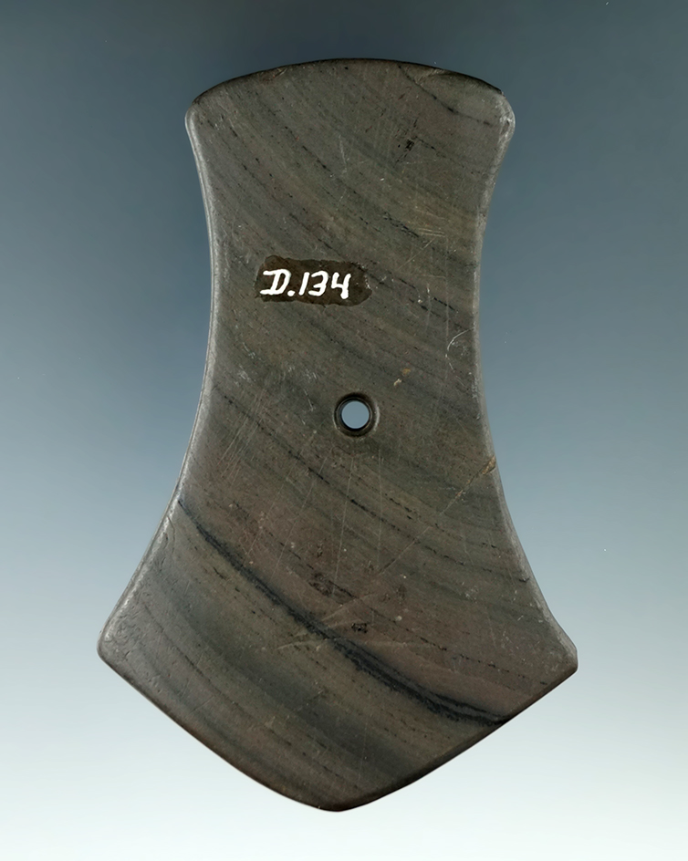 4" Hopewell Pentagonal Pendant made from green and black Banded Slate, found in Hancock Co., Ohio.