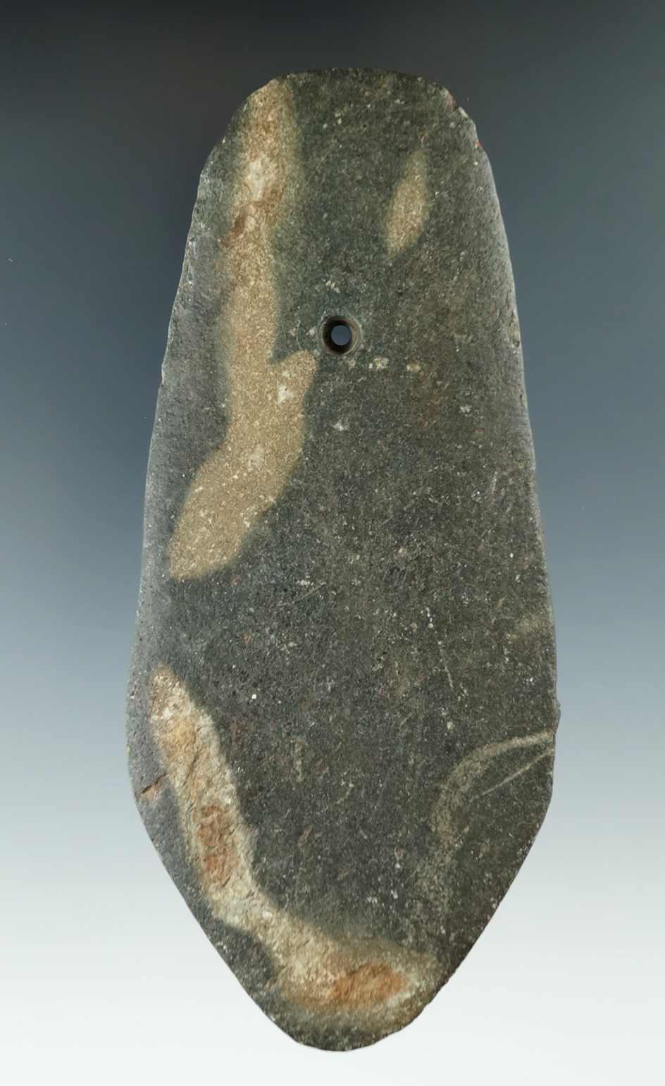 5 1/16" Hopewell  Pendant made from Slate with "worm tracks", found in Lucas Co., Ohio. Ex. Jason Ha