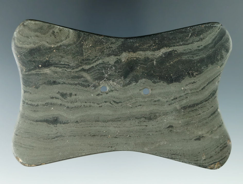 4 1/4" Adena Quadriconcave Gorget made from Banded/Mottled Slate, found in Northwest Ohio.