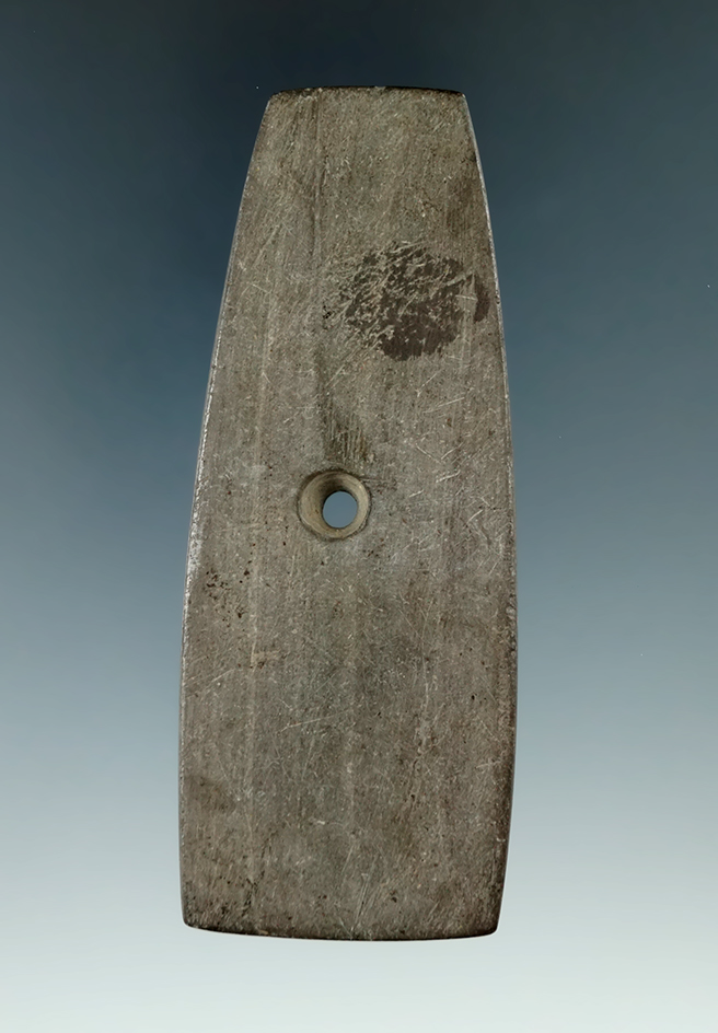 3 3/4" Hopewell Trapezoidal Pendant made from Banded Slate, found in Columbiana Co., Ohio.