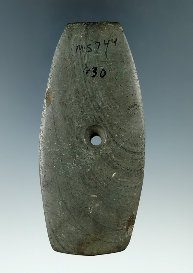 4" Adena Expanded Center Pendant made from green and black Banded Slate, found in Ohio.