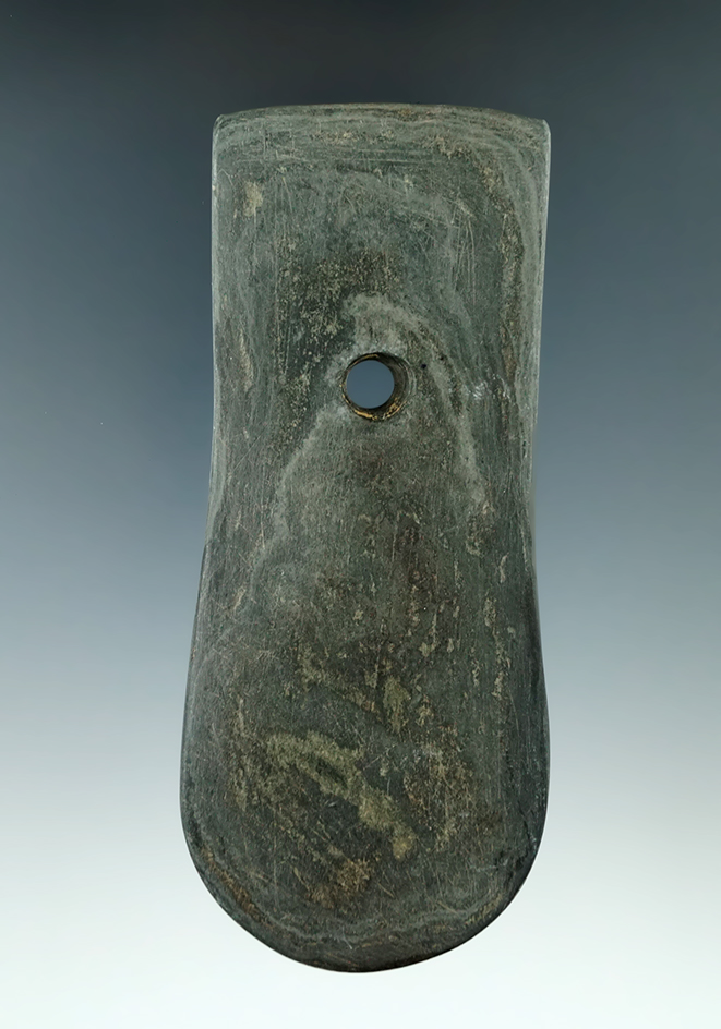 4 7/8" Adena Keyhole Pendant made from green and black Mottled Slate, found in Ashland Co., Ohio.