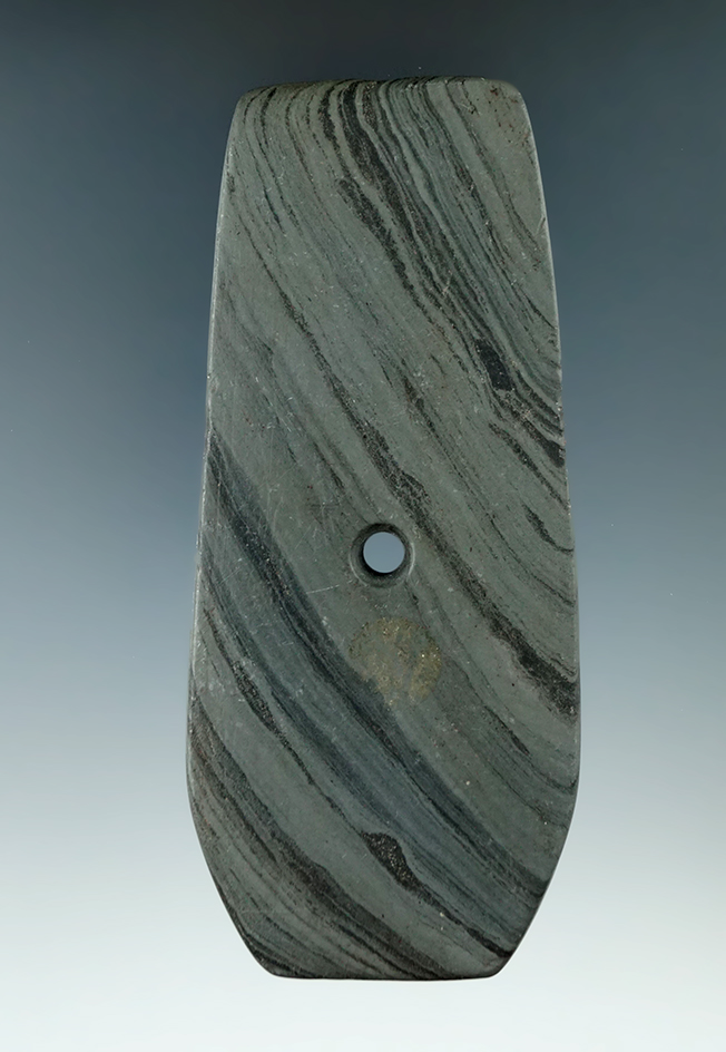 4 11/16" Hopewell Pentagonal Pendant made from green and black Banded Slate. Found  in Preble Co., O