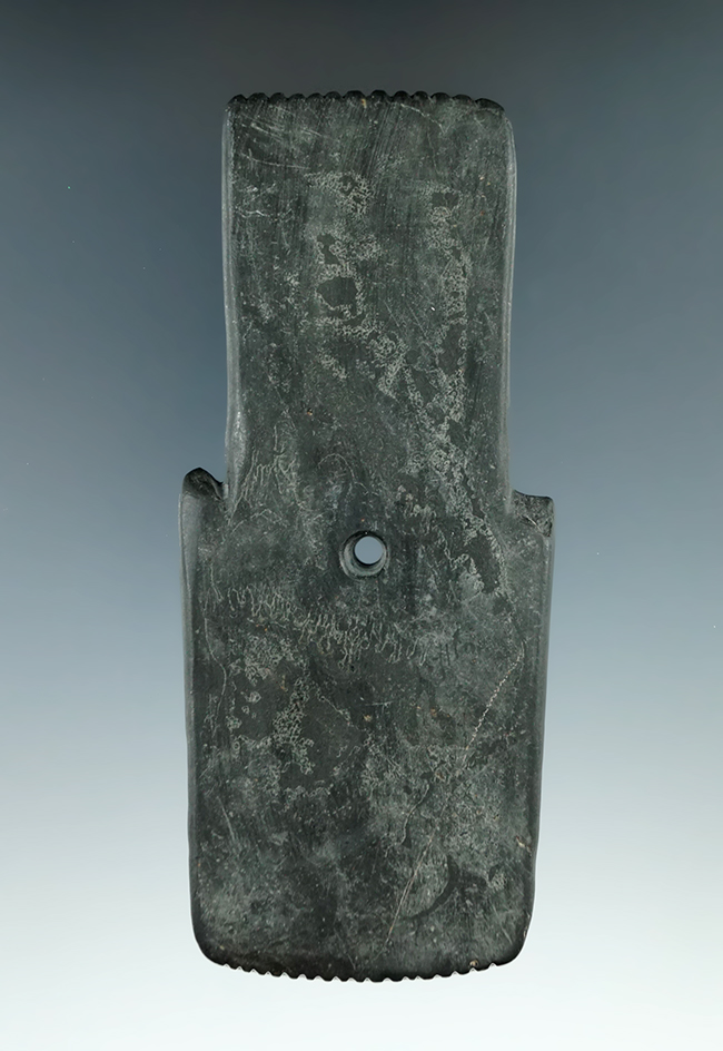 4 13/16" Hopewell Shovel Pendant with fringed top and bottom, found in Logan Co., Ohio. Pictured.