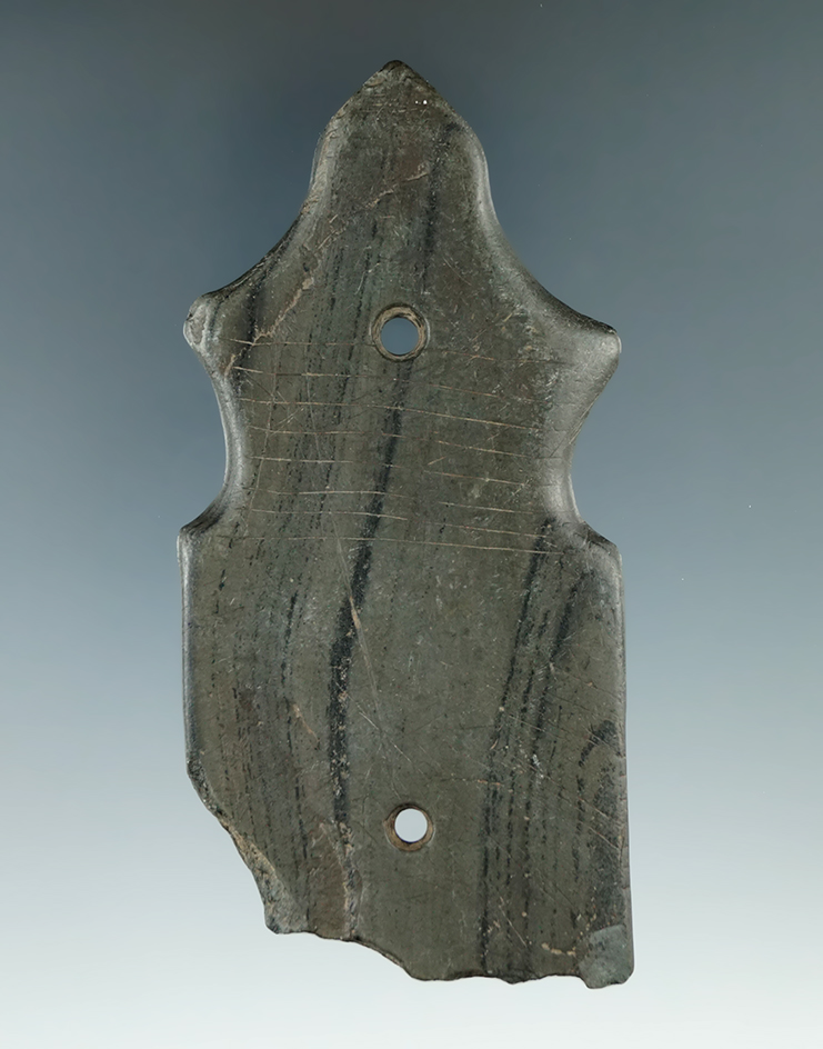 4 1/4" Hopewell Eccentric Gorget made from green and black Banded Slate. Found in Warren Co., Ohio.