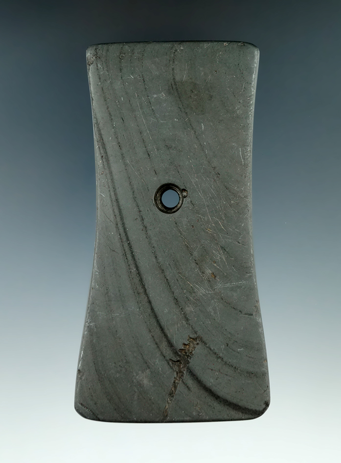 4 3/8" Adena Bell Pendant made from green and black Banded Slate, found in Summit Co., Ohio.