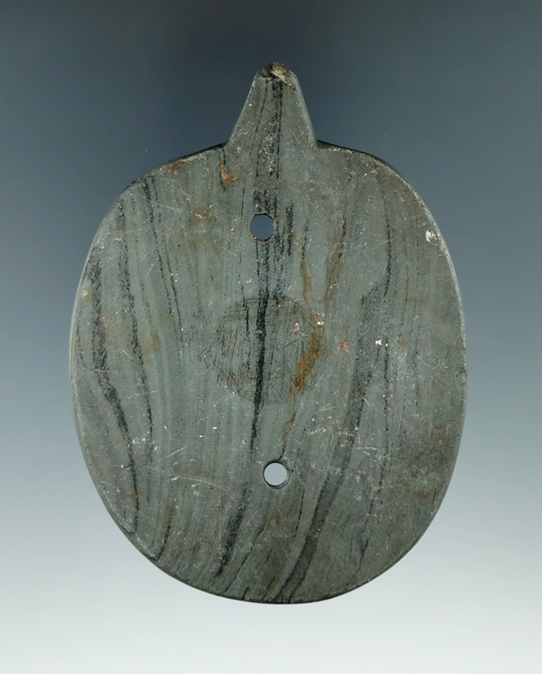 3 13/16" Glacial Kame Effigy Gorget found in Delaware Co., Ohio. Pictured in Who's Who #1, page 93.