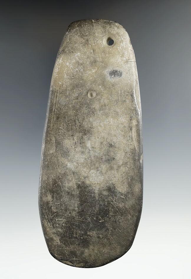 5 1/4" Hopewell Trapezoidal Pendant with hole drilled in corner, and one started below.  Morrow Co.,