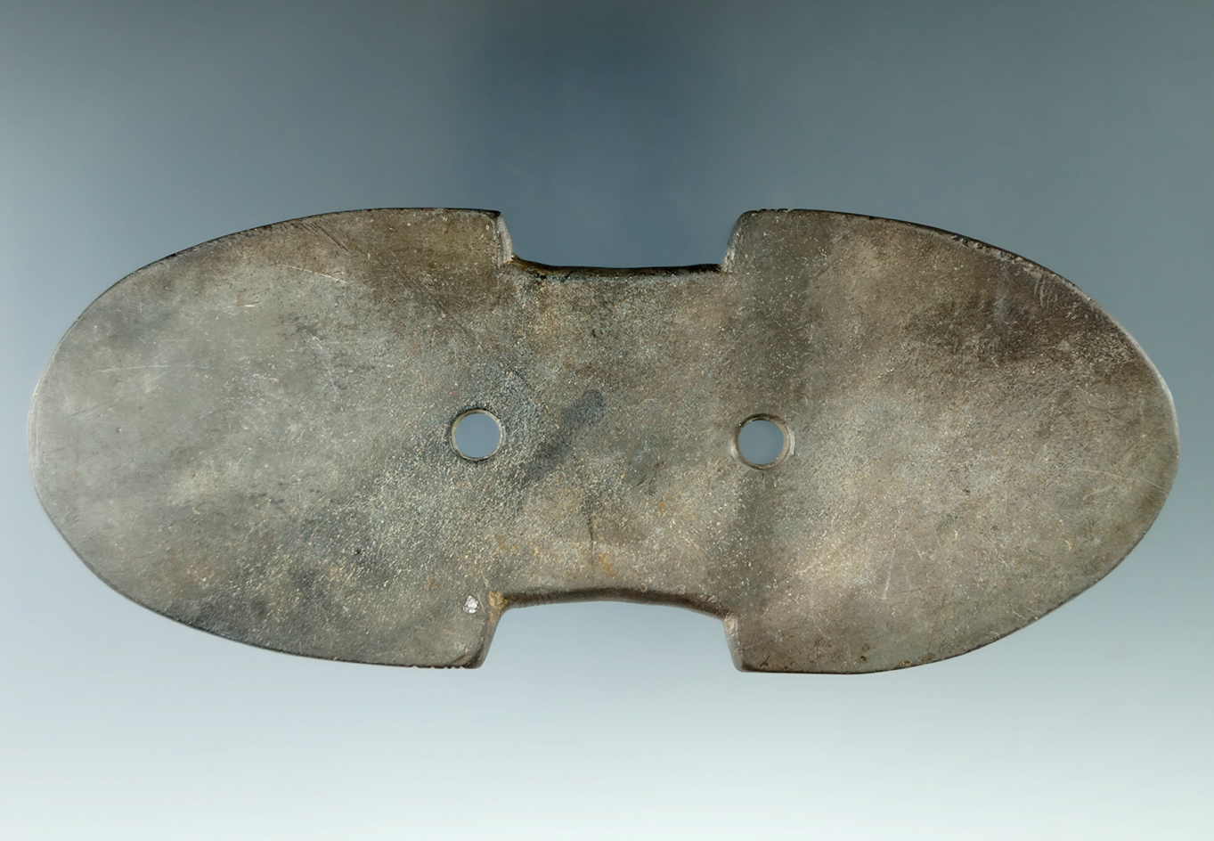 5 1/2" Adena Indented Gorget that is tallied made from Banded Slate, found in Medina Co., Ohio. Pict