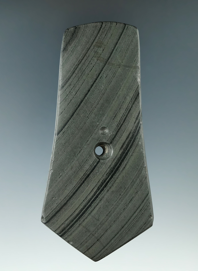 4 5/16" Hopewell Pentagonal Pendant made from gray and black Banded Slate, found in Preble Co., Ohio